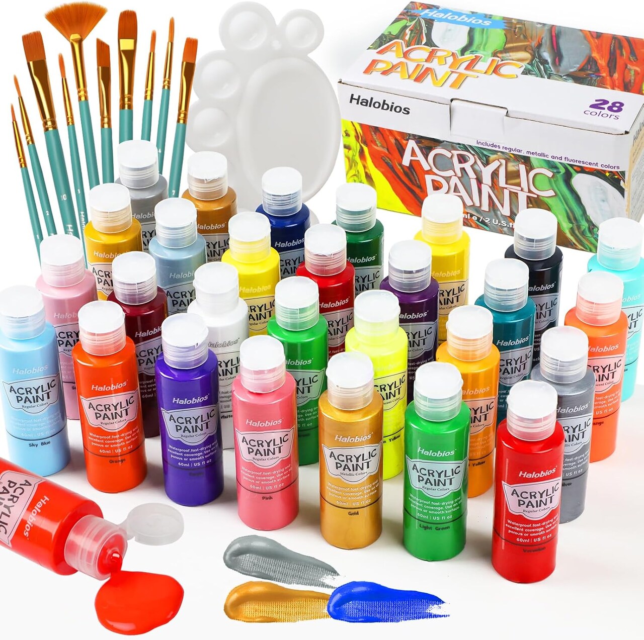 28-Color Acrylic Paint Set – 10 Brushes, Art Supplies for Canvas, Fabric, Ceramic, Wood, and Rock Painting.